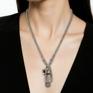 Stainless Steel Silver-Plated Necklace with Authentic Louis Vuitton Padlock